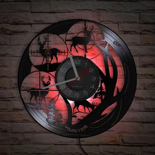 Reloj de pared LED de 12 pulgadas con 7 modos luminosos, cuarzo silencioso, sin tictac, decorativo, vintage, para caza de ciervos, disco de vinilo
