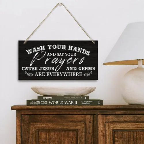 Miniatura 4 de Lave Sus Manos Y Diga Sus Oraciones Letrero, Letrero De Placa De Madera Impresa Para Colgar En La Pared, Letrero De Lavarse Las Manos Para Estilo 04