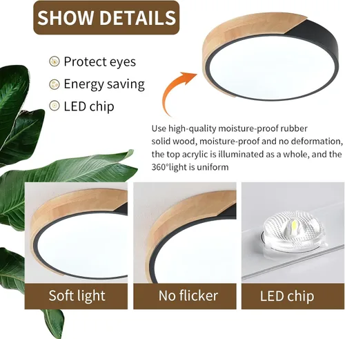 Miniatura 3 de Lámpara de techo LED moderna, 2 paquetes de luces de techo de montaje empotrado de madera, luces de cocina LED y accesorios de iluminación