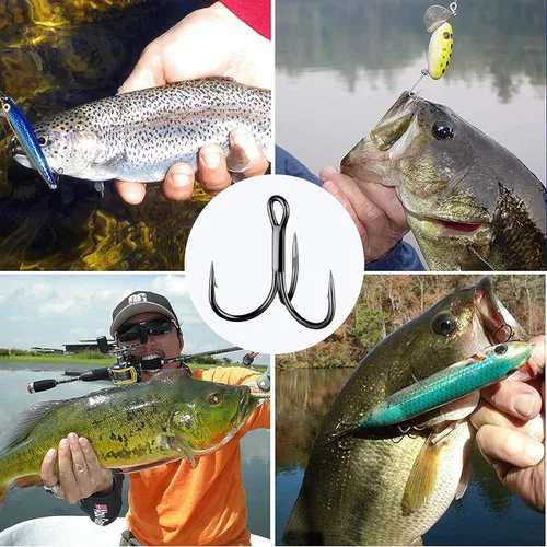 Miniatura 7 de Treble Fishing Hooks, 110pcs Super Sharp Triple Fish Hook Classic Round Bend High Carbon Steel Treble Hooks Barbed for Catfish Bass Trout Freshwater