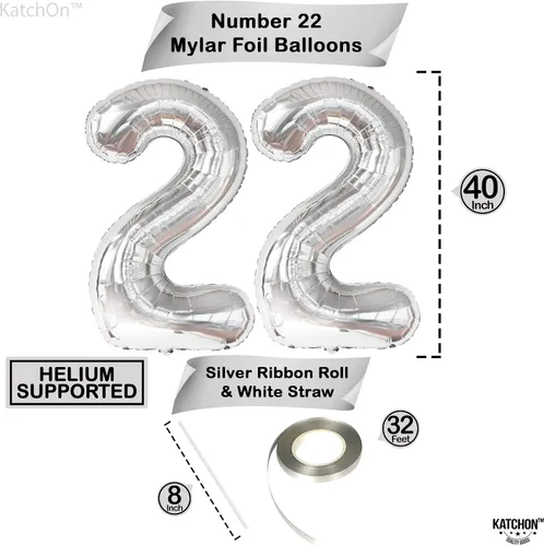 Miniatura 2 de KatchOn Globo Número 22 Plateado - 40 Pulgadas Globos Número 22 Globos Plateados Número 22, Decoraciones de Cumpleaños 22 para Hombres Globos