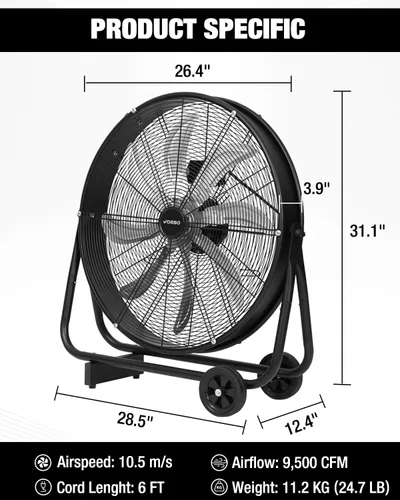 Miniatura 9 de Ventilador de tambor industrial de 24 pulgadas, 9,500 CFM de alta velocidad de 3 velocidades circulador de aire de metal resistente con mango
