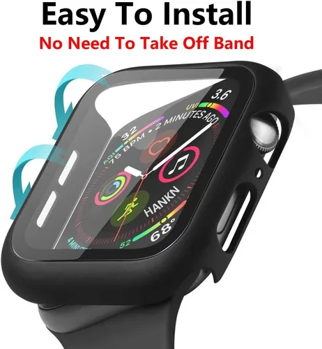 Miniatura 6 de Estuche duro mate para Apple Watch Series 7 8 9 41mm, protector de pantalla de vidrio templado, estuche con cobertura completa, amortiguador a Negro