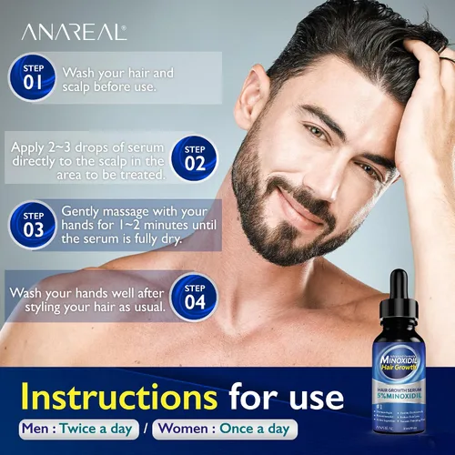 Miniatura 5 de ANAREAL Minoxidil para hombres y mujeres, 5% de mininoxidil para hombres para crecimiento de barba enriquecido con biotina, minoxidil