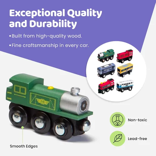 Miniatura 3 de Maxim Enterprise Juego de 6 vagones de tren de madera – Locomotora/tren clásico rodante motores compatibles con Thomas Wooden Railway, Brio y otros