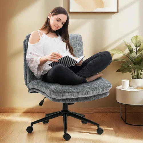 Miniatura 9 de Dowinx Silla Criss Cross con ruedas, cojín engrosado de doble capa, silla de tocador moderna para el hogar de tela premium con asiento ancho, beige