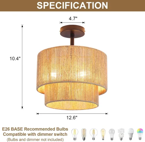 Miniatura 3 de 12.6" Boho Light Fixtures Ceiling Mount, Coastal Hemp Rope Semi Flush Mount Ceiling Light,3-Light Rustic Rattan Ceiling Light With 2-Tier Drum Shade