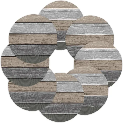 Miniatura 10 de Juego de 4 manteles individuales redondos de madera degradada, lavables, estilo vintage, marrón, gris, trenzado, resistente al calor, para cocina