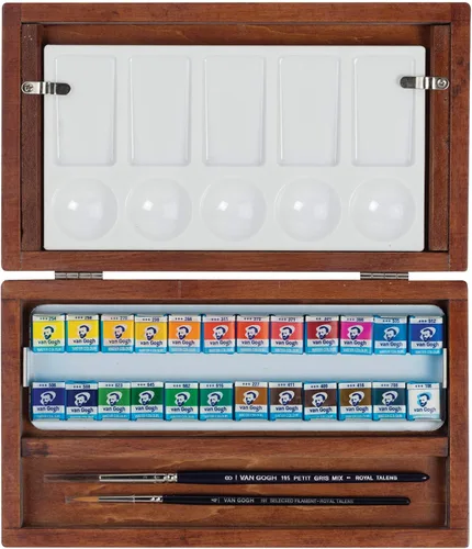 Miniatura 3 de Van Gogh Juego de pintura de acuarela, caja de madera, 24 medias pastillas + 3 accesorios 24 General (Caja de madera)