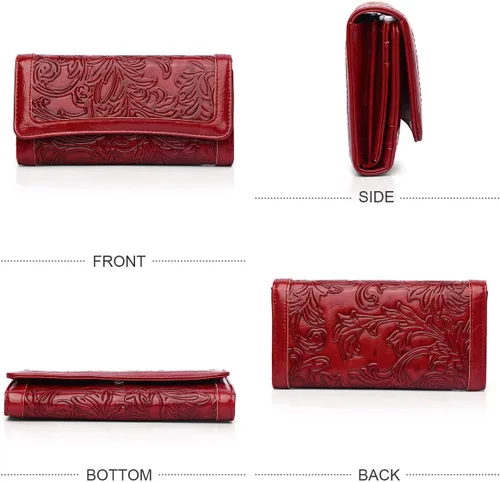 Miniatura 20 de MEITRUE Cartera de cuero para mujer, con bloqueo RFID, triple pliegue, con relieve, soporte para tarjetas, organizador de chequera para teléfono