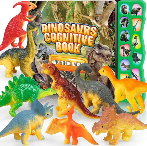 Juguetes de dinosaurio, libro de sonido de dinosaurio con paquete de 12 figuras de juguete, rugidos realistas, interactivo, perfecto para niños,