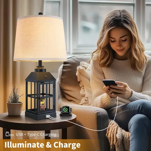Miniatura 6 de Lámparas de mesa estilo granja de 25" para sala de estar, juego de 2 lámparas negras con puerto USB y luz nocturna, lámpara de mesa rústica