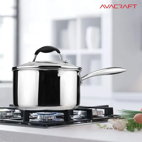 Miniatura 6 de AVACRAFT Cacerola de acero inoxidable de tres capas con tapa coladora de vidrio, dos picos vertedores laterales, cacerola multiusos con tapa, olla
