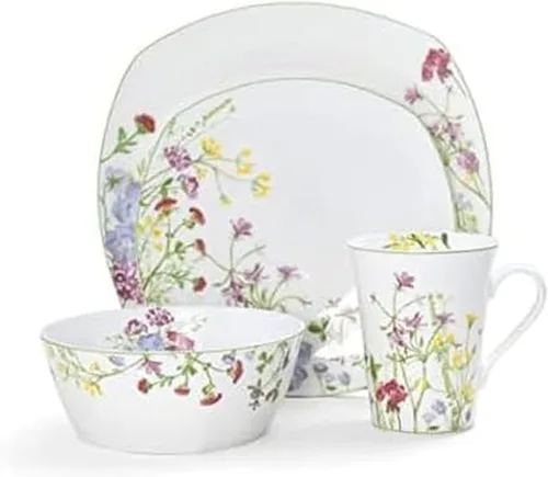 Mikasa Wildflower Garden - Juego de vajilla de porcelana de hueso de 16 piezas para 4, platos cuadrados y cuencos con tazas, diseño floral, apto
