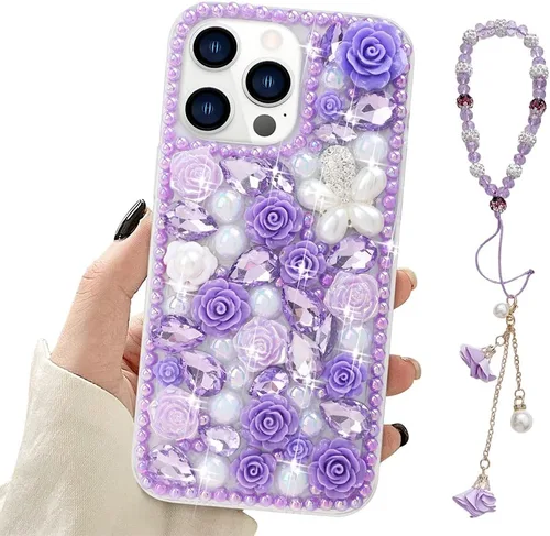 Miniatura 20 de para iPhone 14 Pro - Funda con Purpurina y Diamantes de Imitación, de Lujo, con Cristales Brillantes, Flores de Rosa, Perlas Florales, Pulseras