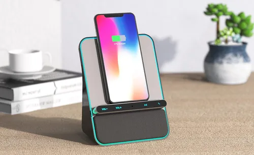 Miniatura 6 de Azpen - Base de audio de carga inalámbrica con altavoces Bluetooth duales de 8 vatios, micrófono mejorado para llamadas manos libres, cargador