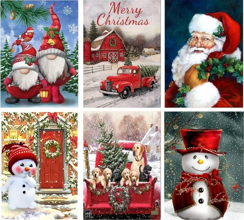 PJOESL Paquete de 6 kits de pintura de diamantes de Navidad para adultos, arte de diamantes de imitación 5D, arte redondo completo de diamantes de