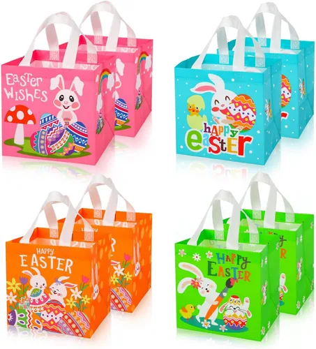 SULOLI Bolsas de regalo de Pascua, bolsas de compras no tejidas de Pascua con asas para fiestas de vacaciones (paquete de 8), Verde, naranja, rosa,