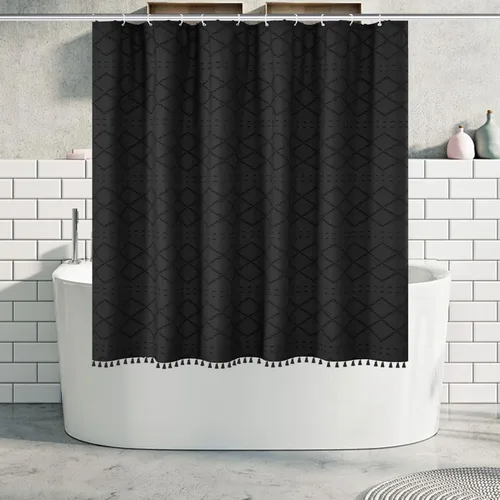 Miniatura 8 de Siiluminisoy Cortina de ducha bohemia rosa con textura y borlas de 72 x 72 pulgadas con tul, cortina de ducha de chenilla tejida con rayas chevrón