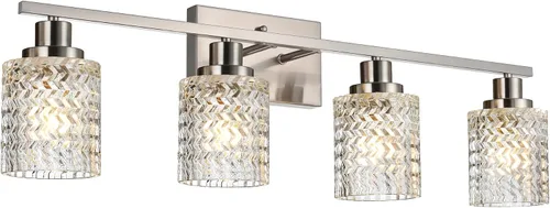 Miniatura 16 de MELUCEE Aplique de pared de 2 luces con pantalla de vidrio martillado, luces de baño de níquel cepillado sobre el espejo, accesorios de iluminación