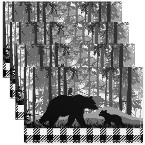 Wild Animal - Juego de 4 manteles individuales elegantes para mesa de comedor, manteles individuales con silueta de oso negro, 12 x 18 pulgadas para