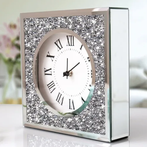 Miniatura 4 de ALLARTONLY Reloj de pared de escritorio de 8 x 8 x 2 pulgadas con diamantes triturados con espejo, reloj decorativo para decoración del hogar.