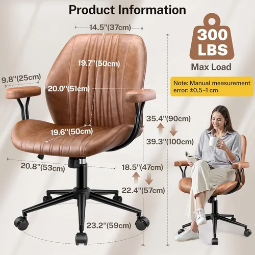 Miniatura 2 de HeroSet Silla de oficina de cuero con reposabrazos extraíbles, silla de escritorio ergonómica de respaldo medio con soporte lumbar, silla ejecutiva