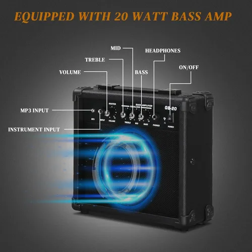 Miniatura 3 de Ktaxon Bajo eléctrico con amplificador de 20 W, kit de bajo eléctrico de 4 cuerdas para diestros para principiantes y profesionales con bolsa, Negro