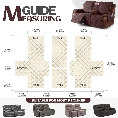 Miniatura 7 de KinCam Funda para Loveseat Reclinable 100% Impermeable con Consola, Fundas Antideslizantes para Sofá Reclinable de 2 Asientos, Funda para Sofá Café