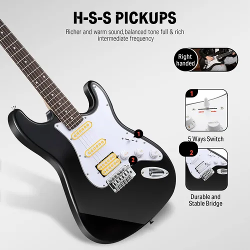 Miniatura 4 de Donner DST-100B - Kit para principiantes de guitarra eléctrica de 39 pulgadas, cuerpo sólido, tamaño completo, negro, HSS para principiantes