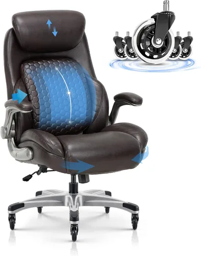Miniatura 7 de COLAMY Silla de escritorio de oficina, silla ergonómica para computadora con brazos abatibles acolchados y cojín grueso, silla de oficina de cuero