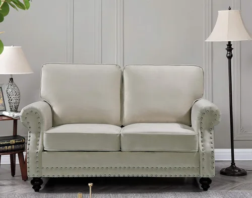 Container Furniture Direct Lotus - Sofá biplaza tapizado de terciopelo moderno de mediados de siglo, con brazos enrollados, color beige