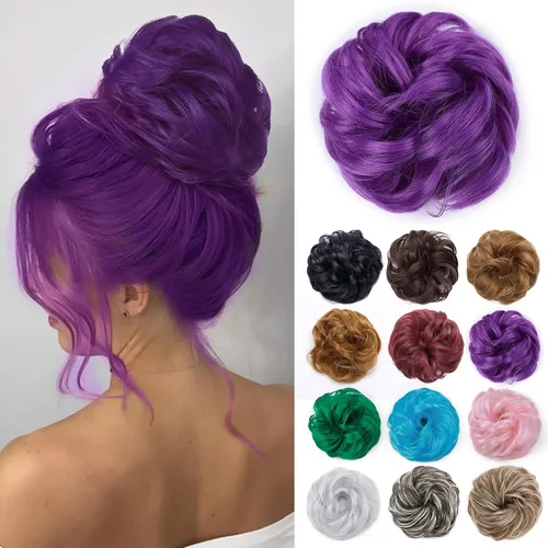 Miniatura 15 de Benehair Moño desordenado, pieza de pelo recogido para mujer, esponjoso, ondulado, moño con dona, moño sintético con banda elástica de goma