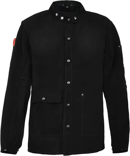 Miniatura 5 de Chaqueta de soldadura de cuero negro, chaquetas de seguridad de trabajo de cuero de vacuno dividido FR resistente, chaquetas de soldador