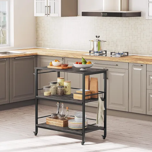 Miniatura 2 de HOOBRO Isla de cocina con almacenamiento, isla de cocina industrial sobre ruedas y recintos laterales, carrito de cocina de 3 niveles con estación