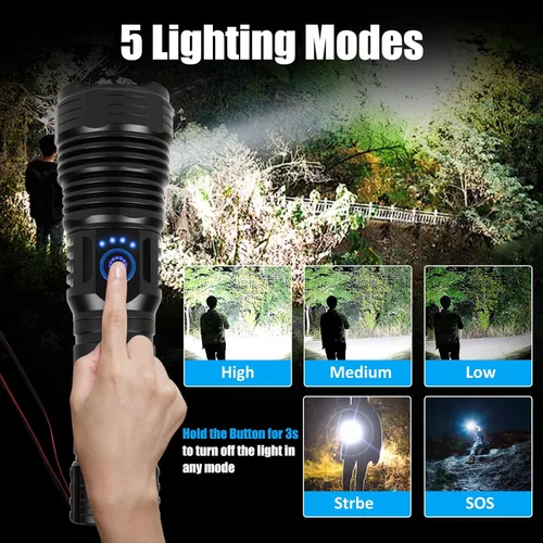 Miniatura 7 de Linterna recargable de 10000 lúmenes, IP67 impermeable 12H Runtime Batería recargable de 5000 mAh, 5 modos (alto/medio/bajo/estroboscópico/SOS)
