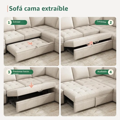 Miniatura 5 de HONBAY Sofá cama modular modular con cama extraíble, sofá en forma de L con asiento de almacenamiento, sofás seccionales para sala de estar, beige