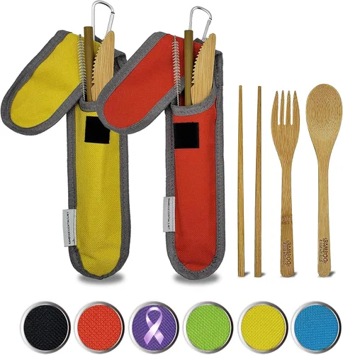 Miniatura 8 de Utensilios de viaje con estuche, tenedor, cuchillo, cuchara, palillos, pajilla, cepillo de limpieza para pajilla, bolsa de viaje y mosquetón, Negro