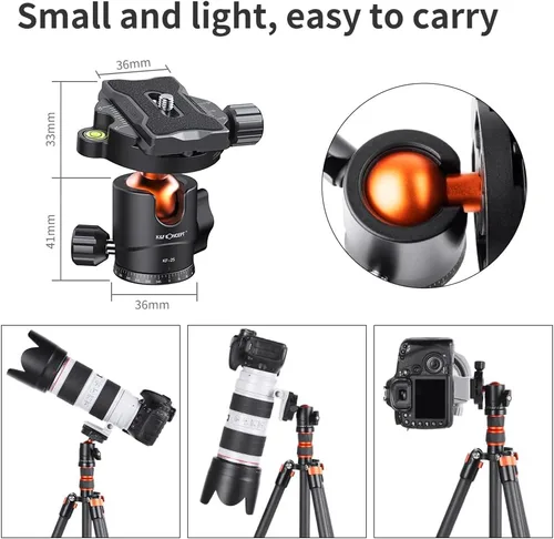 Miniatura 3 de K&F Concept Cabezal de bola de trípode de metal de 0.984 in, rotación de 360 grados, panorámica con placa de liberación rápida de 1/4 de pulgada