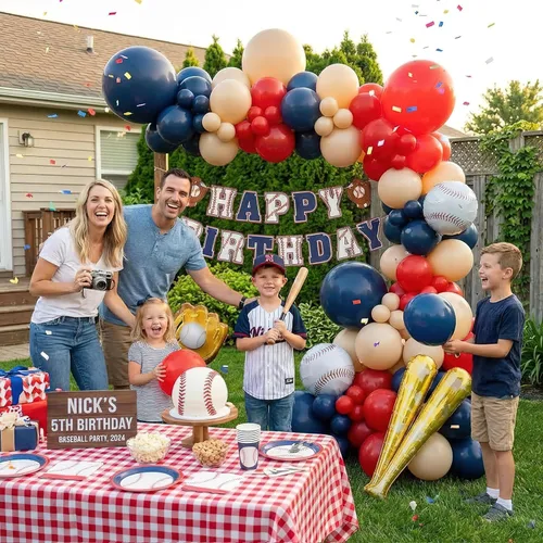 Miniatura 4 de Decoraciones de fiesta de cumpleaños de béisbol, arco de globos azul marino y rojo desnudo con bate de béisbol y guantes y pancarta de feliz