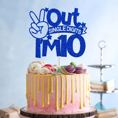 Miniatura 3 de Decoración para tartas de un solo dígito con purpurina azul, con texto en inglés "I'm 10", doble dígito 10, para niños y niñas, decoraciones
