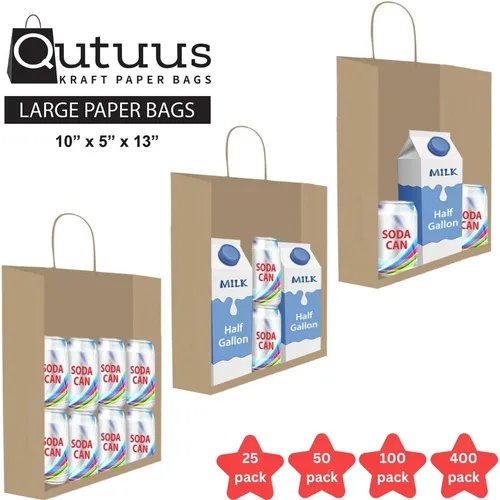 Miniatura 3 de Qutuus Bolsas de regalo de estraza grandes con asas, 25 bolsas de regalo de 10 x 5 x 13 pulgadas, bolsas de papel kraft reutilizables para compras