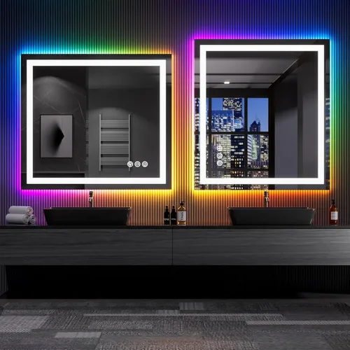 Miniatura 8 de LOAAO Espejo de baño LED de 40 x 36 pulgadas con luces, antiniebla, regulable, retroiluminación RGB + iluminación frontal, espejo de tocador de baño