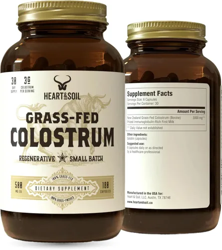 HEART & SOIL Suplemento de calostro 100% alimentado con pasto y acabado de ganado regenerativo para la salud intestinal, muscular e inmunológica -