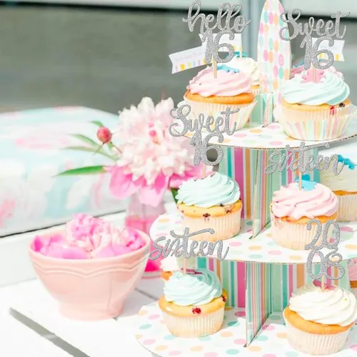 Miniatura 4 de 24 piezas de decoraciones para cupcakes de 16 cumpleaños con purpurina, ¡Hola 16! Dulces 16 desde 2008, púas para cupcakes de 16 años para celebrar
