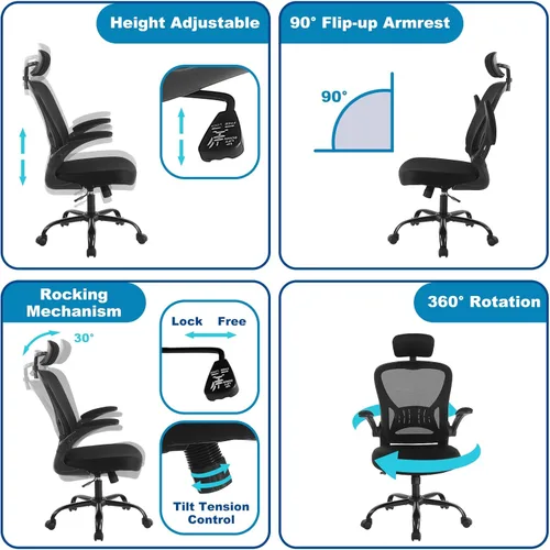 Miniatura 5 de Youhauchair Silla de oficina de malla, silla ergonómica para computadora con brazos abatibles y soporte lumbar, sillas de escritorio de oficina