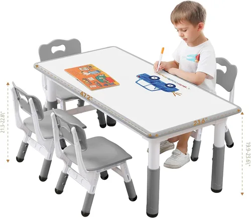 Miniatura 8 de Juego de mesa y silla para niños pequeños, centro de actividades ajustable con patas antideslizantes y superficie a prueba de graffiti de 3 a 12 años