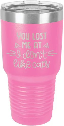 Miniatura 13 de Taza de viaje de acero inoxidable grabada con pajita y tapa superior deslizante, con texto en inglés "You LOST ME AT I DON'T LIKE CATS" Púrpura claro