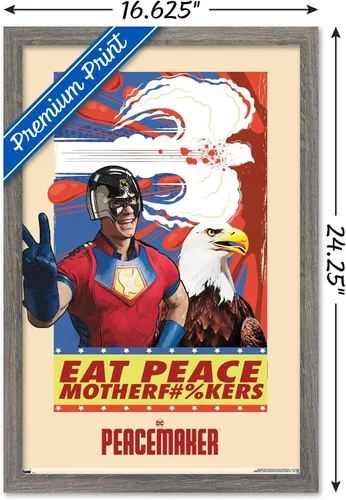 Miniatura 3 de DC Comics TV Peacemaker - Póster de pared Eat Peace, 22.4 pulgadas de largo x 14.7 pulgadas de ancho, versión enmarcada de madera de granero