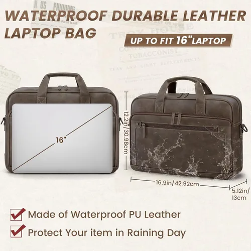 Miniatura 3 de RAINSMORE Bolsa de cuero para hombre de 16 pulgadas, bolso de mensajero vintage para hombre, bolso cruzado grande para el hombro, oficina, Madera